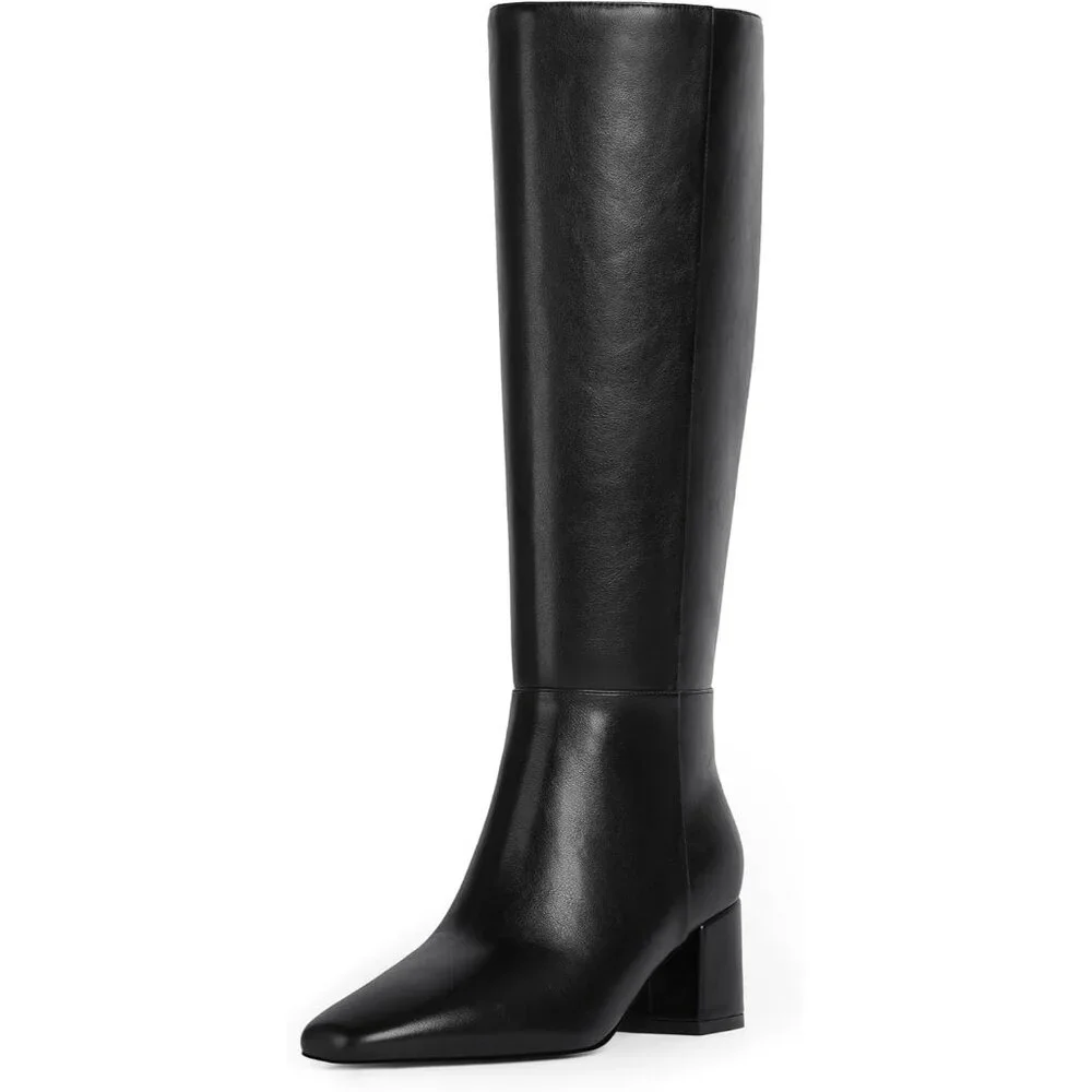 Women's Black Knee High Boots Square Toe Tall Chunky Heel Rubber